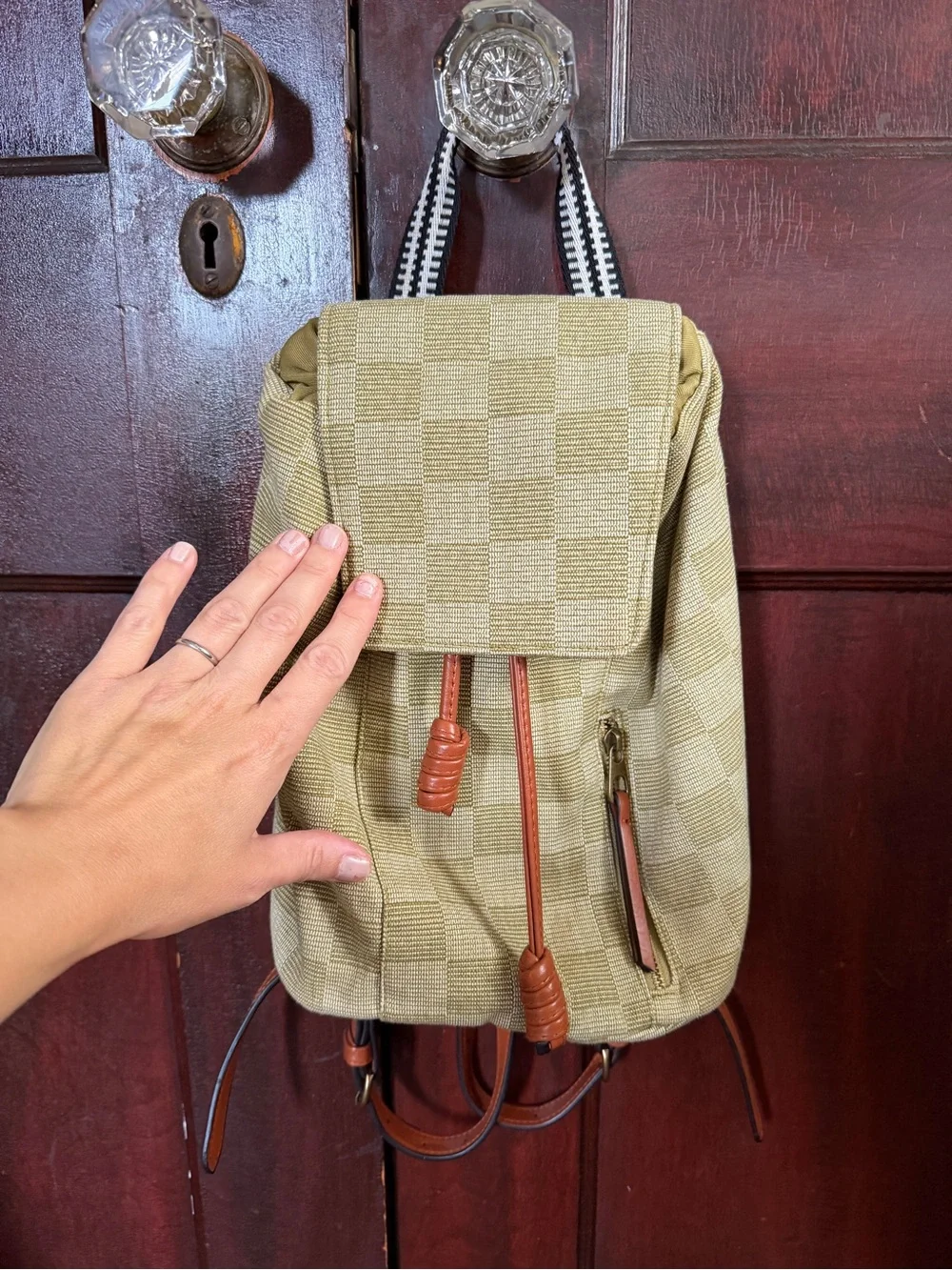 Universal Thread Beige Check Canvas Backpack with Brown Trim